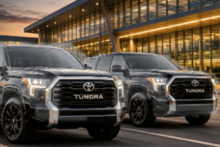 Two black Toyota Tundra pickups parked outside an airport terminal at dusk